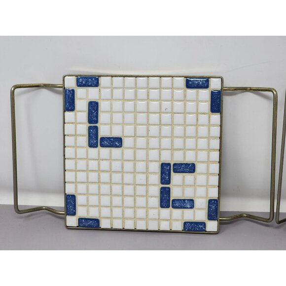 Vintage Mosaic Tile‎ Hot Plate Trivets With Brass Handles 2 White & Blue Design - Picture 3 of 11